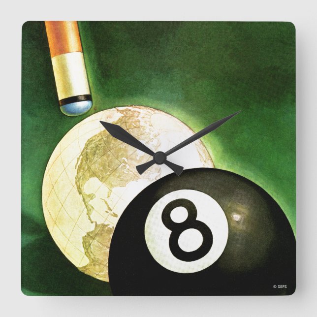 Horloge Carrée Monde en boule de cue (Recto)