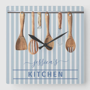 Horloge Carrée Monogram Cook Kitchen Watercolor Utensils