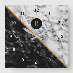 Horloge Carrée Monogram Wall Clock with Black White Marble Stone