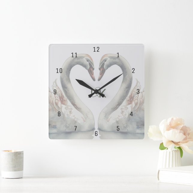 Horloge Carrée Monogramme aux cygnes romantiques (Maison)