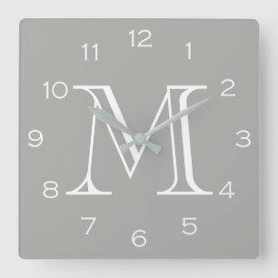 Horloge Carrée Monogramme blanc chiffres sur gris wccn