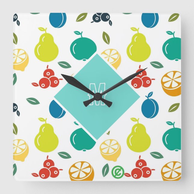 Horloge Carrée Monogramme blanc et vert Fruits colorés Anniversai (Recto)