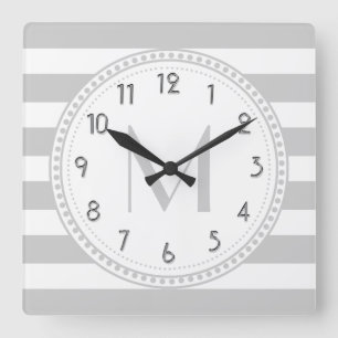 Horloge Carrée Monogramme de motif de rayures de blanc de lt Gray