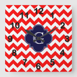 Horloge Carrée Monogramme de Quatrefoil de la marine Chevron roug