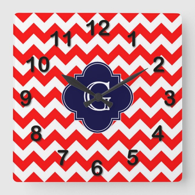 Horloge Carrée Monogramme de Quatrefoil de la marine Chevron roug (Recto)