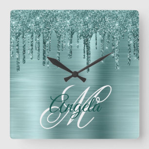 Horloge Carrée Monogramme fantaisie à la menthe d'argent brossé