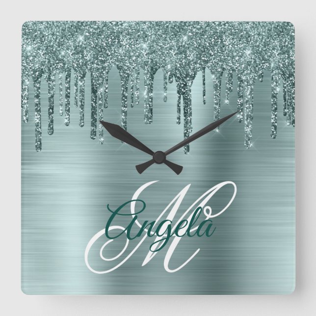 Horloge Carrée Monogramme fantaisie à la menthe d'argent brossé (Recto)
