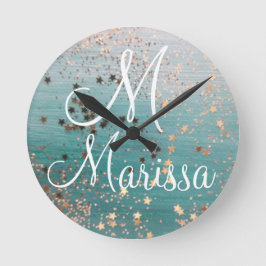 Horloge Carrée Monogramme Gold Stars sur Turquoise