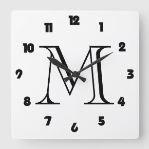 Horloge Carrée Monogramme Gras noir chiffres sur blanc wccn