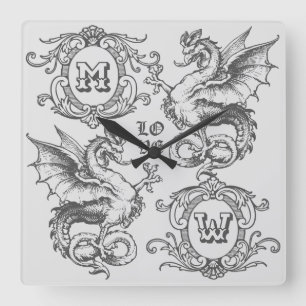 Horloge Carrée Monogramme Imaginaire Dragon Médiéval Cadre Ornat