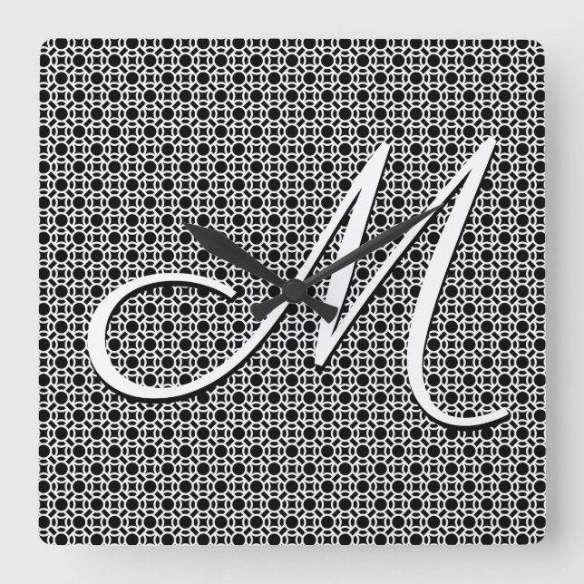 Horloge Carrée Monogramme initial géométrique noir et blanc (Recto)