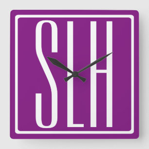 Horloge Carrée Monogramme Initiales 3 Moderne Gras   Blanc & Viol