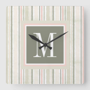 Horloge Carrée Monogramme   la joie des rayures d'aquarelle du