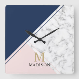 Horloge Carrée monogramme moderne élégant en marbre bleu marine