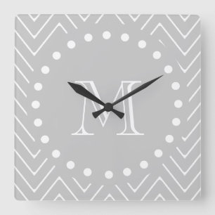 Horloge Carrée Monogramme moderne gris et blanc de coutume de