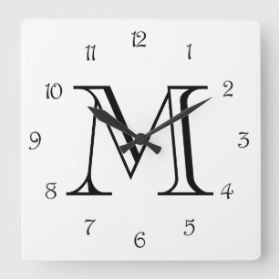 Horloge Carrée Monogramme noir chiffres de script sur wccn blanc