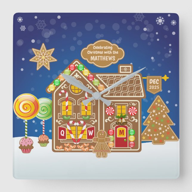 Horloge Carrée Monogramme Pain d'épice Maison Noël Cookies Bonbon (Recto)