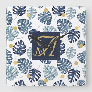 Horloge Carrée Monogramme Palmier Tropical Bleu Nuit Or Mariage