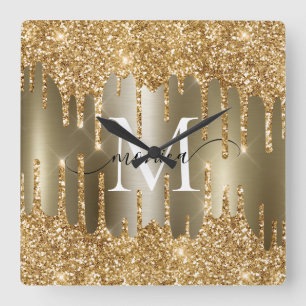Horloge Carrée Monogramme Personnalisé avec Gouttes de Paillettes