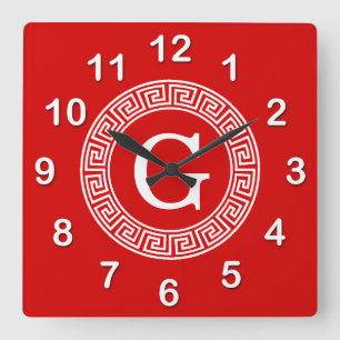 Horloge Carrée Monogramme principal grec blanc rouge d'initiale
