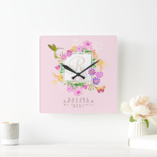 Horloge Carrée Monogramme rose du jardin floral