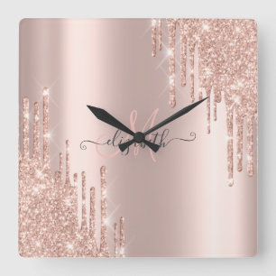 Horloge Carrée Monogramme Rose Gold Modernes Paillettes Coulantes