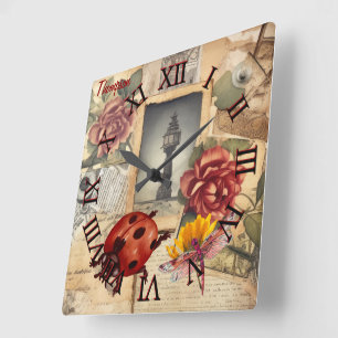 Horloge Carrée Monogramme rustique arrière - plan floral et libel