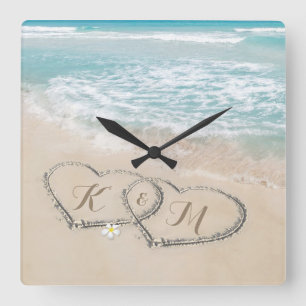 Horloge Carrée Monogramme Tropical Beach Heart