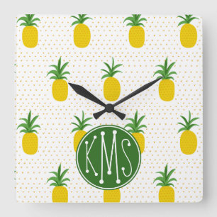 Horloge Carrée Monogramme tropical d'or des ananas  