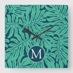 Horloge Carrée Monogramme tropical du motif   de feuille de