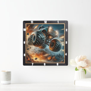 Horloge Carrée Monster Truck Leaping au milieu des explosions