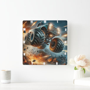 Horloge Carrée Monster Truck Leaping au milieu des explosions