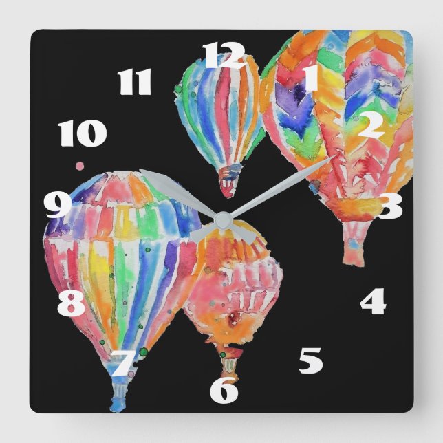 Horloge Carrée Montgolfière Aquarelle Chambre Enfant Noir (Recto)