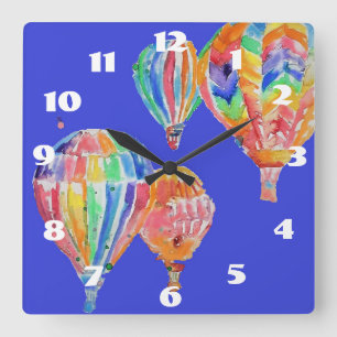 Horloge Carrée Montgolfière Aquarelle Nurserie Chambre d'enfant