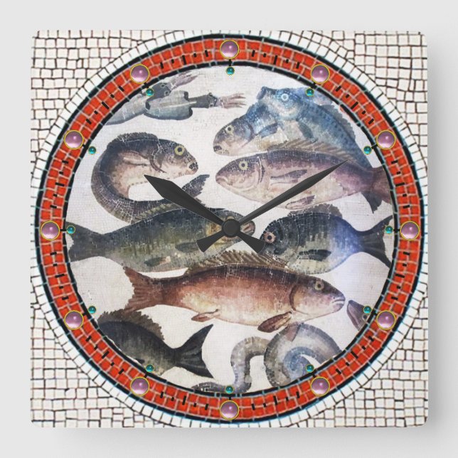 HORLOGE CARRÉE MOSAÏQUES ROMAINES ANTIQUES, POISSONS, SCÈNE DE (Recto)