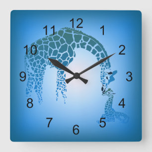 Horloge Carrée Mother and Cute Baby Giraffe cerulean blue