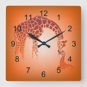 Horloge Carrée Mother and Cute Baby Giraffe   tangerine