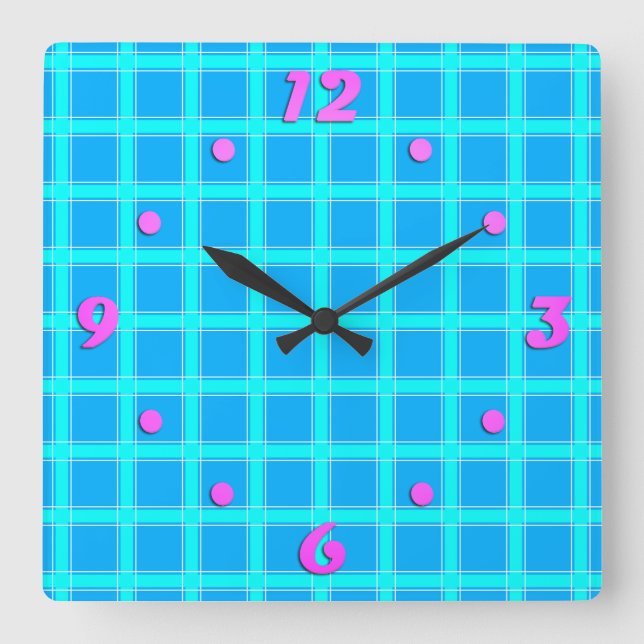 Horloge Carrée Motif à carreaux bleu néon (Recto)