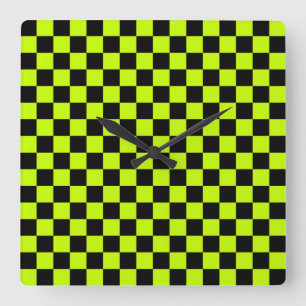 Horloge Carrée Motif à carreaux noir et vert acide