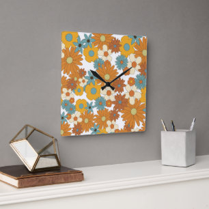 Horloge Carrée Motif à fleurs rétro coloré