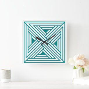 Horloge Carrée Motif Abstrait Moderne Géométrique Sarcelle en Lig