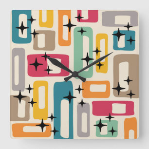 Horloge Carrée Motif Abstrait moderne rétro du milieu du siècle