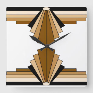Horloge Carrée Motif Art Déco en Brown, Tan et Noir