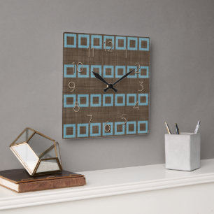 Horloge Carrée Motif artistique de carrés bleu sarcelle sur marro
