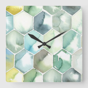 Horloge Carrée Motif bleu et vert de Honycomb d'aquarelle