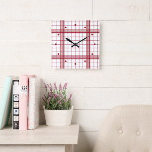 Horloge Carrée Motif carreaux classique rouge foncé sur fond blan