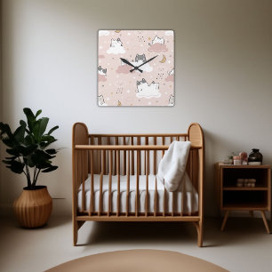 Horloge Carrée Motif chaton rose pâle