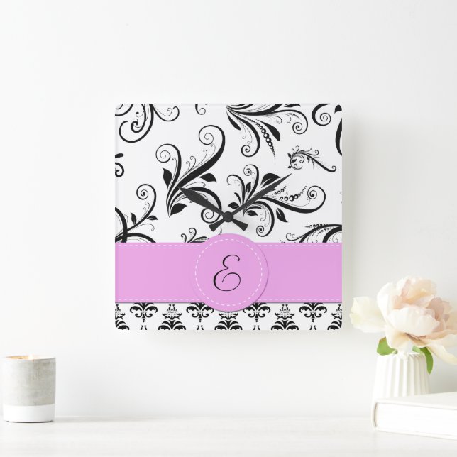 Horloge Carrée Motif Damas, Damas noir et blanc, Monogramme (Maison)