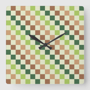 Horloge Carrée Motif damier diagonal arc-en-ciel terreux