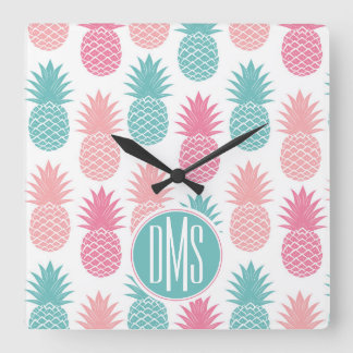 Horloge Carrée Motif d'ananas vintage | Monogramme